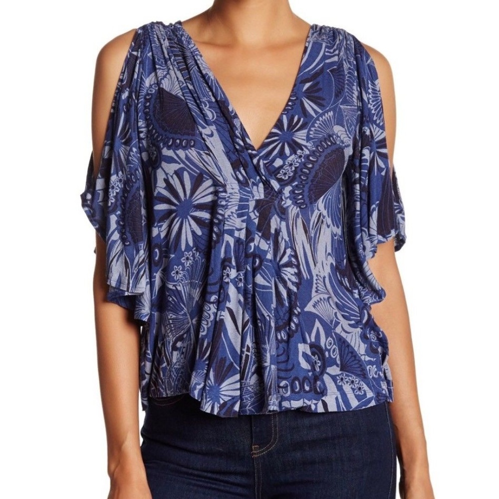 Free People Blue Amour Floral Top sz M Boho